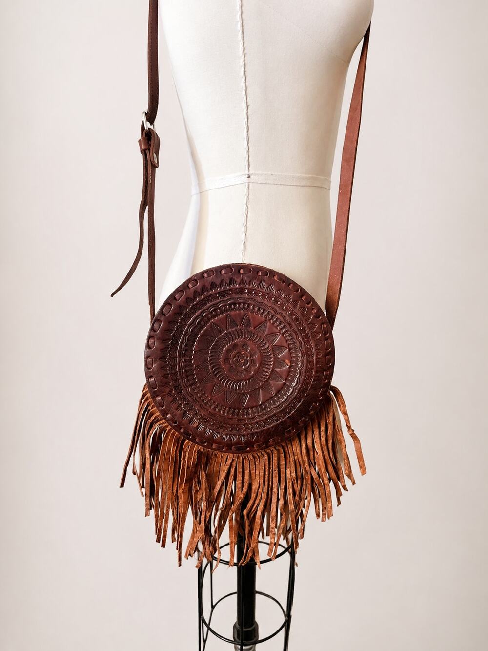 VTG Hand Tooled Leather Canteen Bag Brown Boho Western Fringe Crossbody Purse